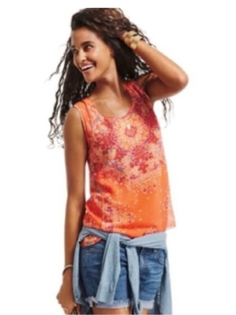 Cabi Merrow Edge Orange Floral Layered Sheer Tank Top Size Medium Flowy Feminine